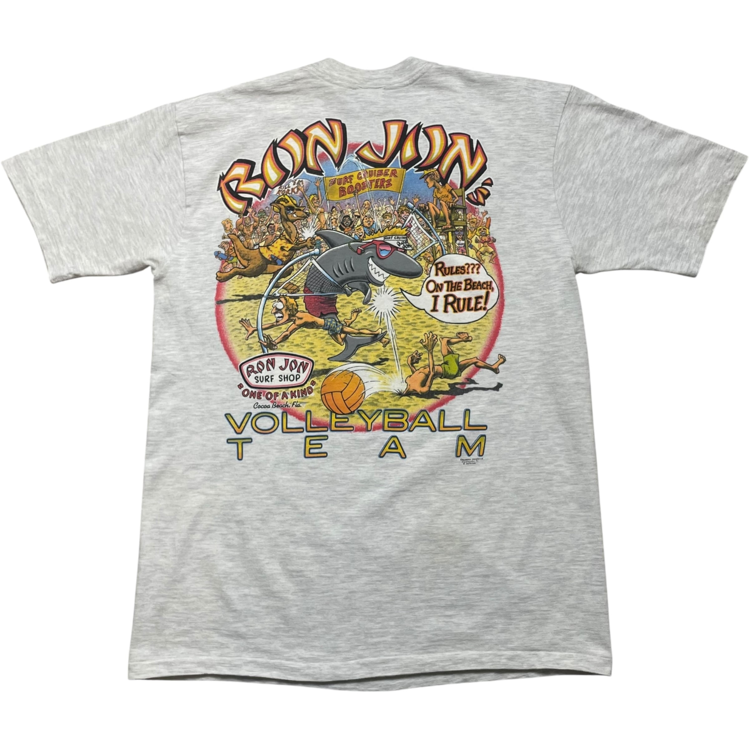 《M》RON JON SURF SHOP ロン・ジョン・サーフショップ Tシャツ シングルステッチ 両面プリント 胸ポケット サーフィン サメ カンガループリント ライトグレー USA製 90年代 vintage no.10511