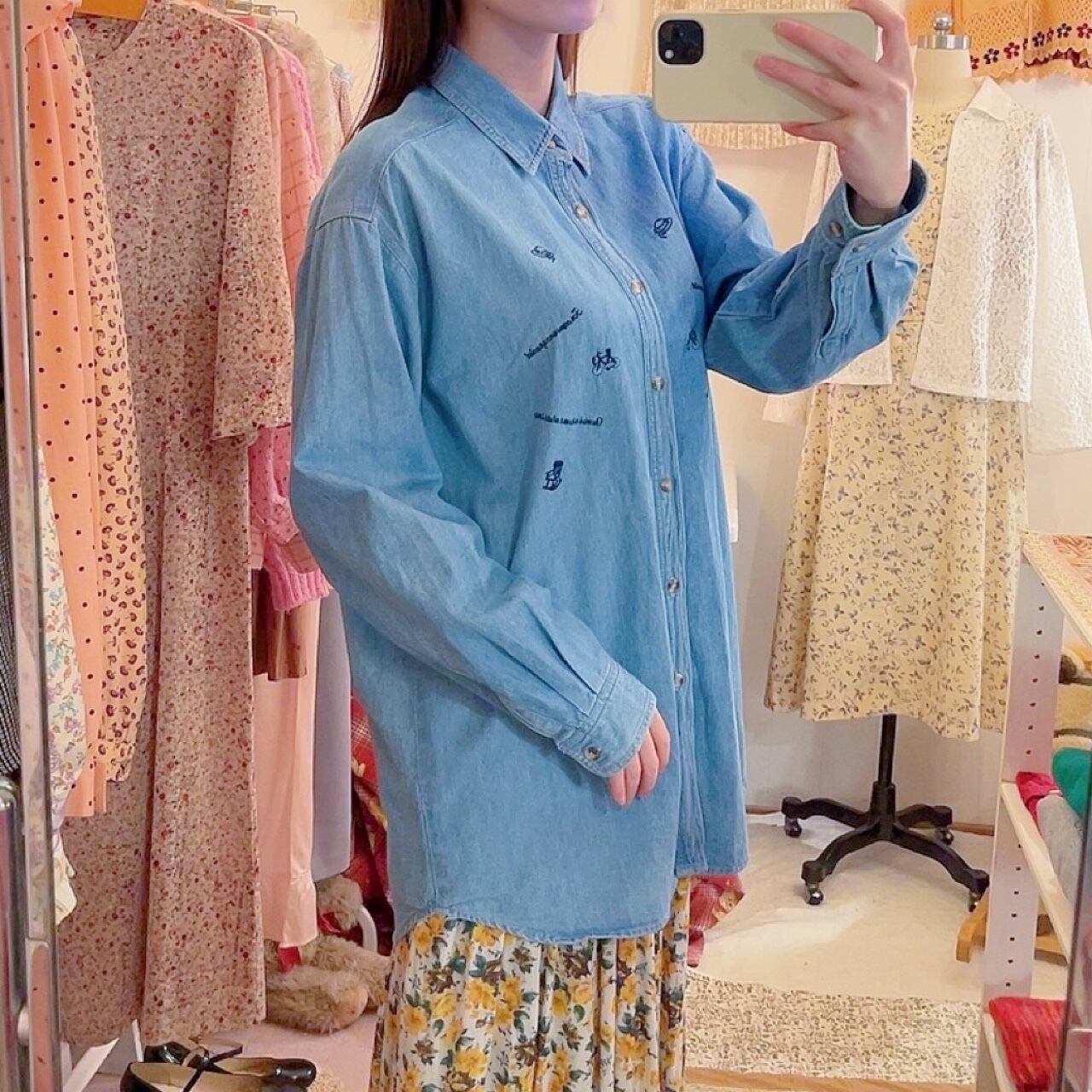 mini icon embroidery denim shirt