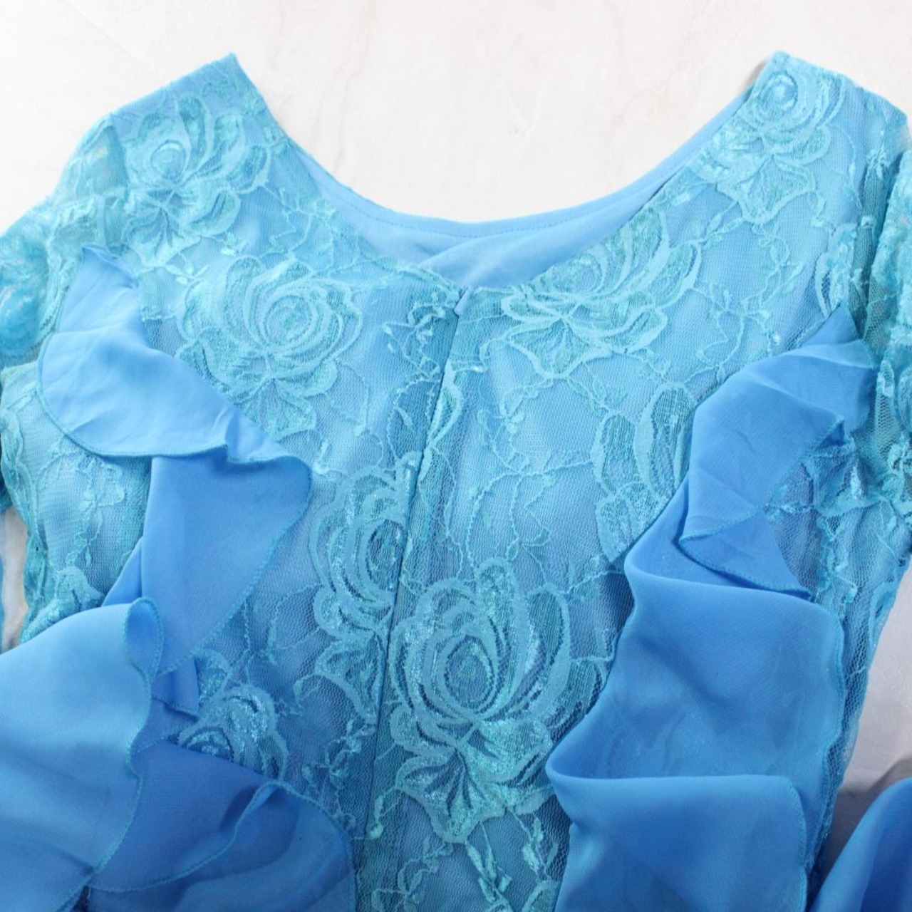 【美品 社交ダンス衣装】ワンピース ドレス prima boutique プリマブティック 水色 ライトブルー ラインストーン 花柄 レース