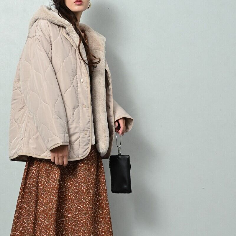 2点SET】ラビット風エコファーフードベスト×キルティング中綿コートSET