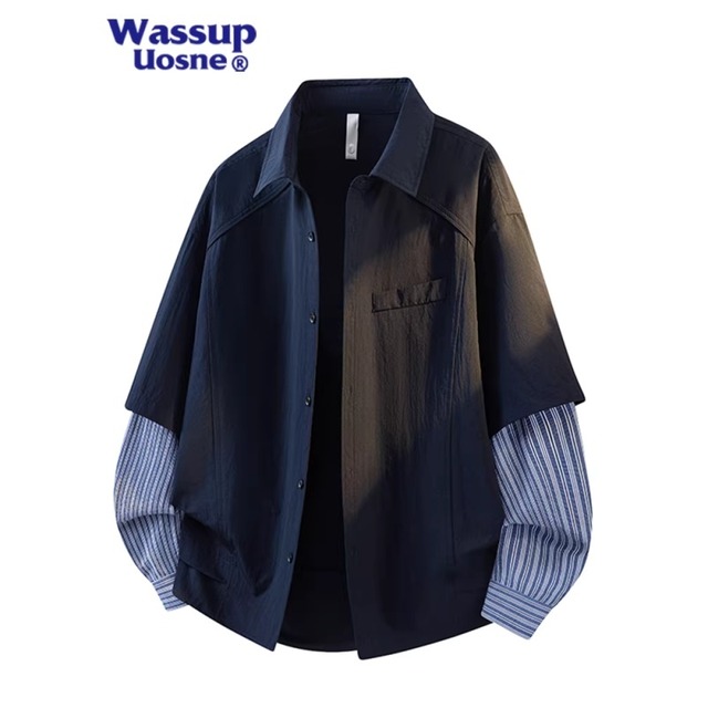 ✿1枚で重ね着のデザイン！【WSシリーズ】★シャツ★ 3color フェイクレイヤード S~7XL ユニセックス 長袖 トップス 縦縞 縞模様
