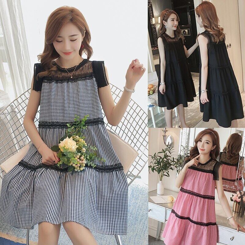 【新作】【送料無料】 マタニティサマードレスレースステッチルーズのロングドレス 夏物 AL expec383135109005