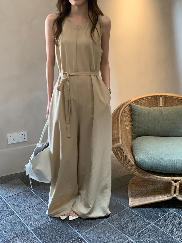 <2カラー>オールインワン ドロストデザイン ワイドパンツ ノースリーブ カジュアル シンプル リラクシー 大人可愛い