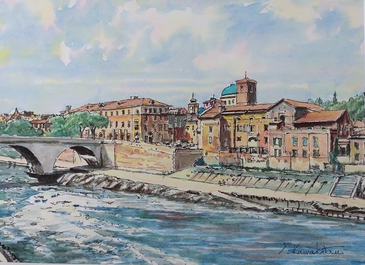 川勝茂弘「 ローマ・テレべ川」（イタリア） 水彩画 額縁外寸53.0x41