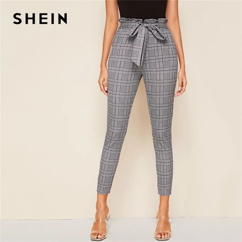 ハイウエスト シンプル ベルト付き チェック柄カジュアル パンツ SHEIN グレーチェック柄 ウエスト自己ベルト付きカジュアル