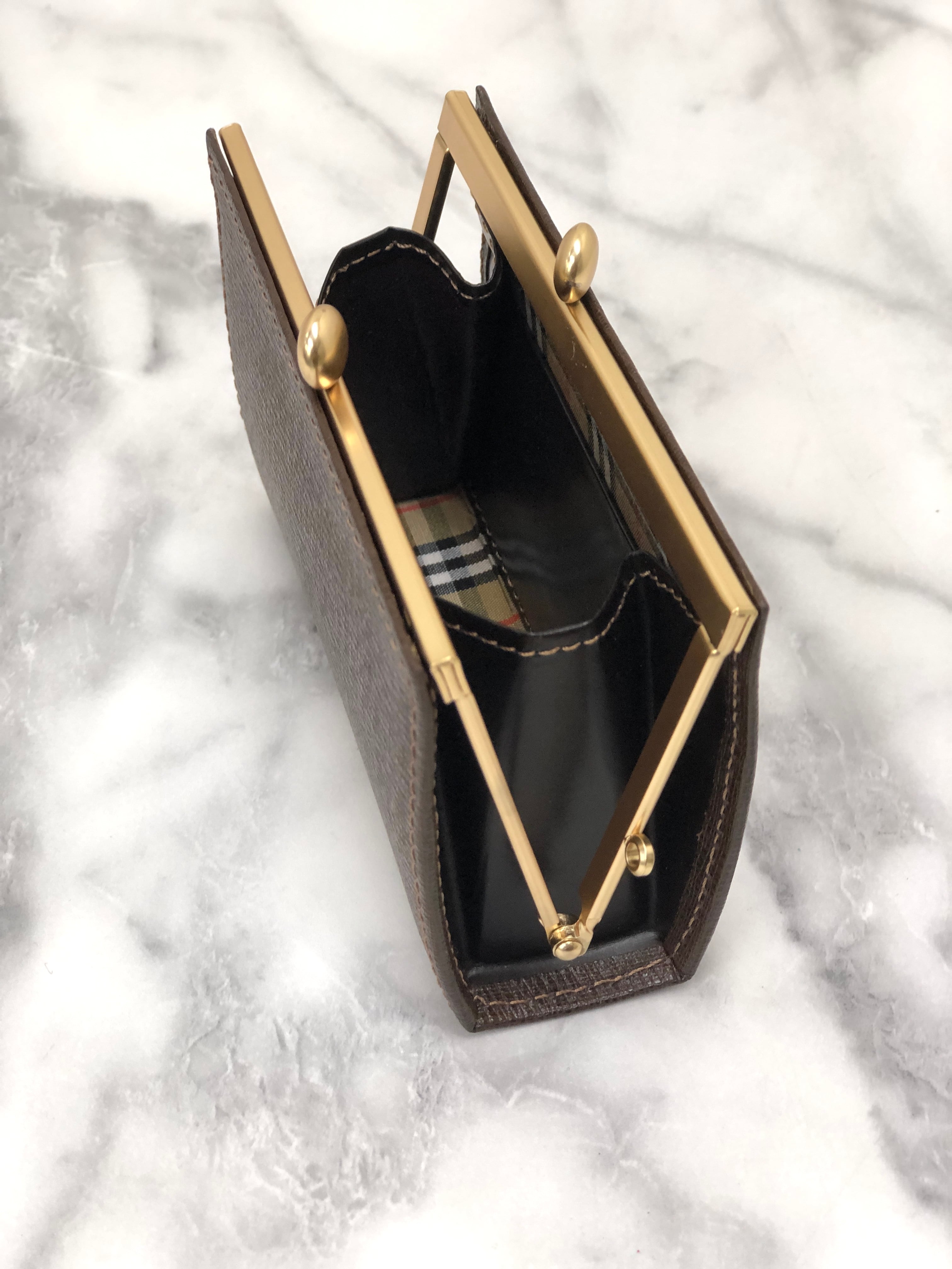 極美品✨Burberrys ヴィンテージ がま口 ケース 箱付き 希少 Burberry バーバリー ブランドロゴ レザー がま口 財布 ブラウン