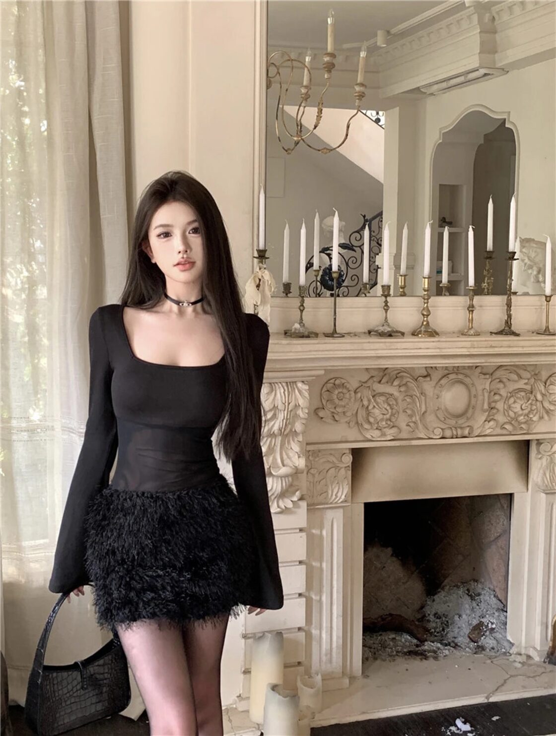 甘いホットガールセクシー長袖ドレス冬豪​​華メッシュパッチワーク  