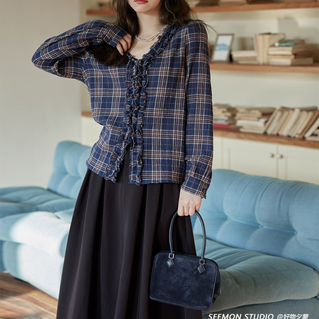 retro blue check long sleeved shirt