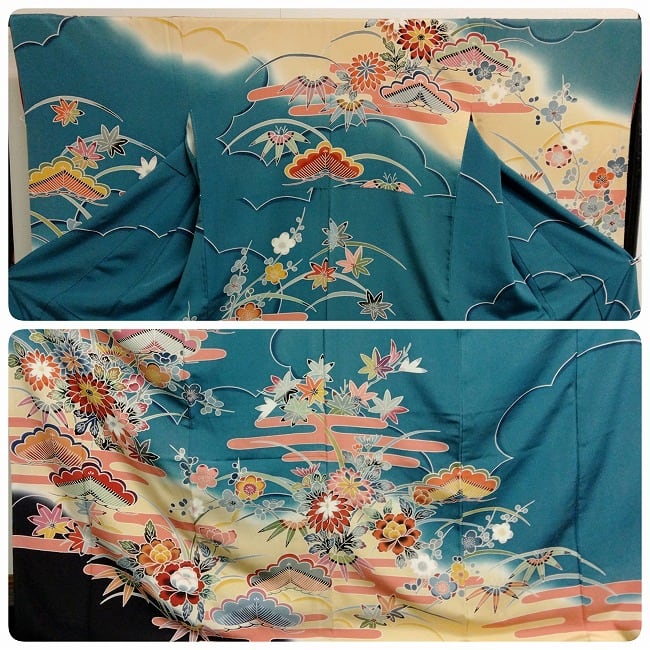 振袖 着物 襦袢 付き 赤 黒 刺繍 成人式 裄65.5 S〜M 中古 sn17