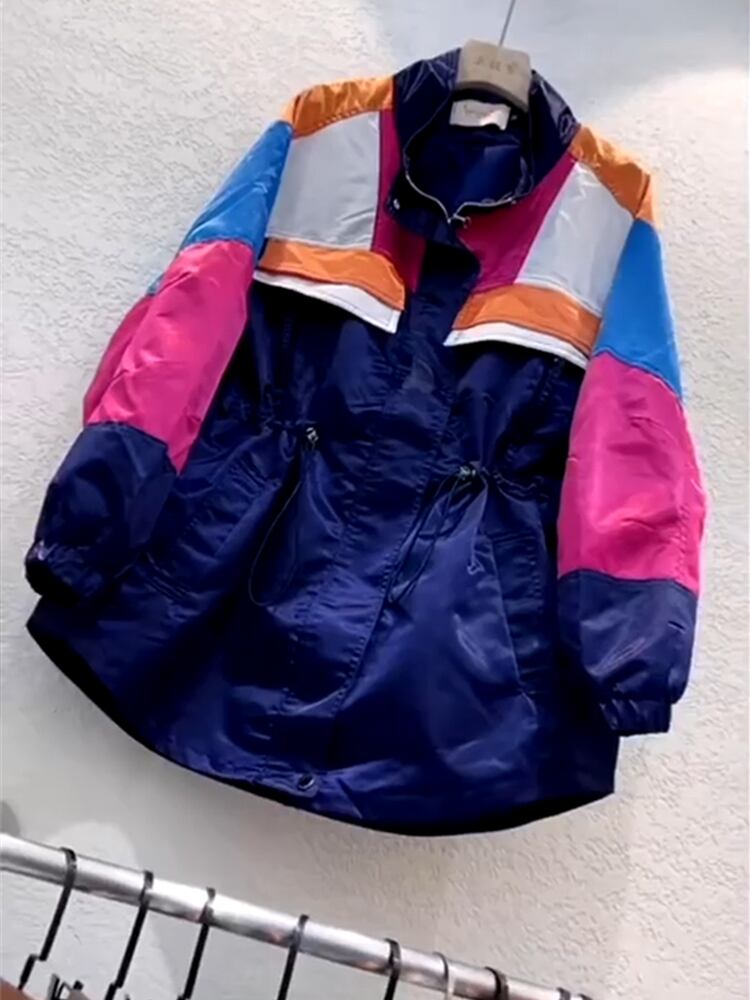 ジャケット スプリングカラージッパーギャザー薄手バックトップス 大きめサイズ 春物 ミックスインファッション60614394437