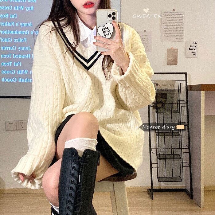 ホワイトセーター レディースルーズVネックオータムウィンタートップス ロング 秋物 冬物 モンロー77667906611