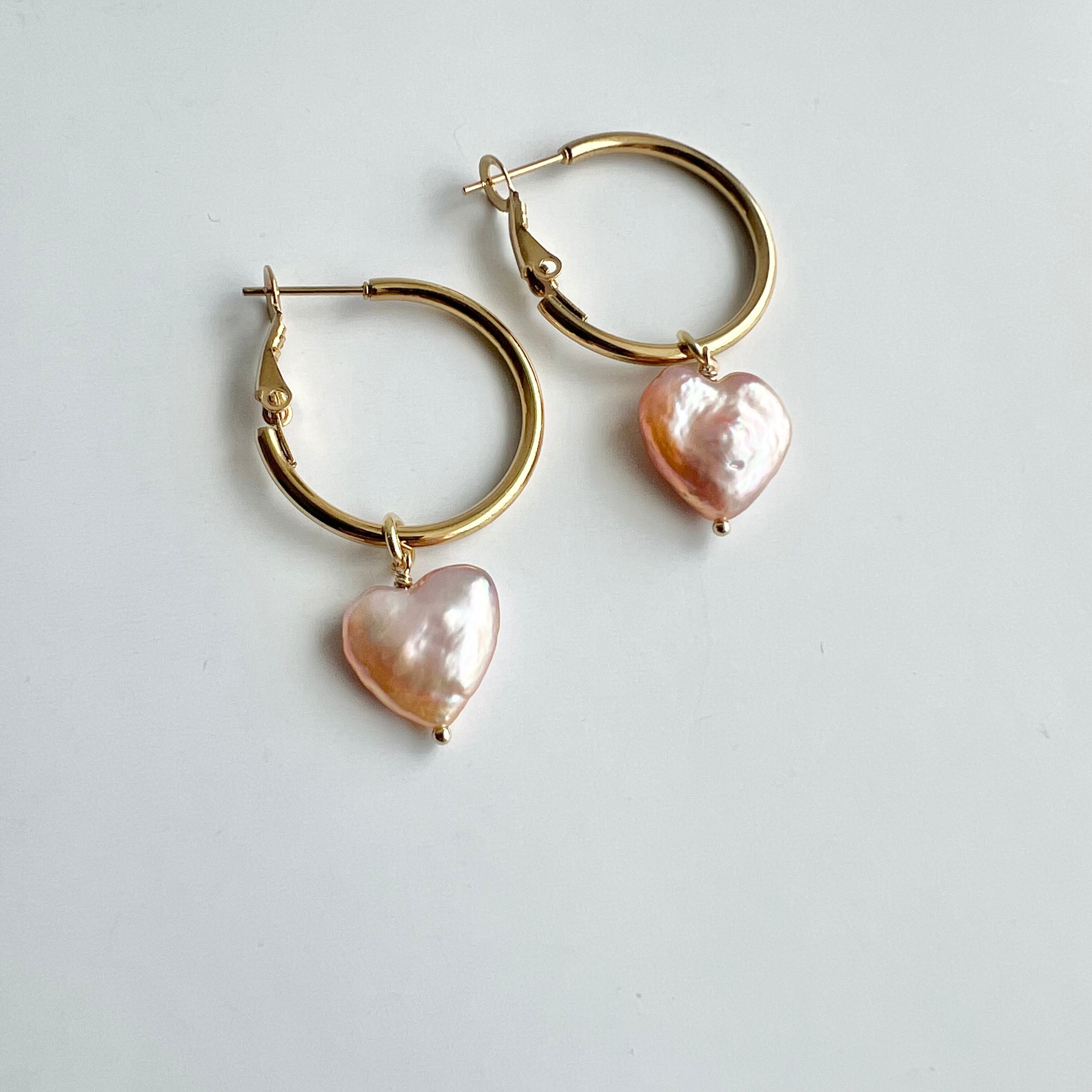 ピンクハート淡水パールフープピアス /イヤリング | Handmade Accessory MU