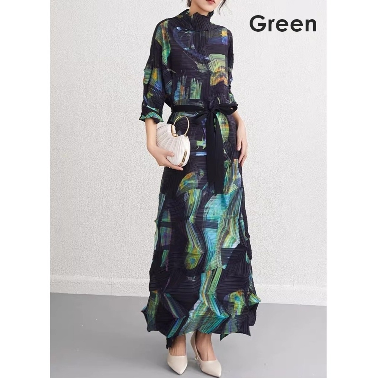 Geometric Art Pleated Long Dress / ジオメトリック アート プリーツ ドレス ワンピース