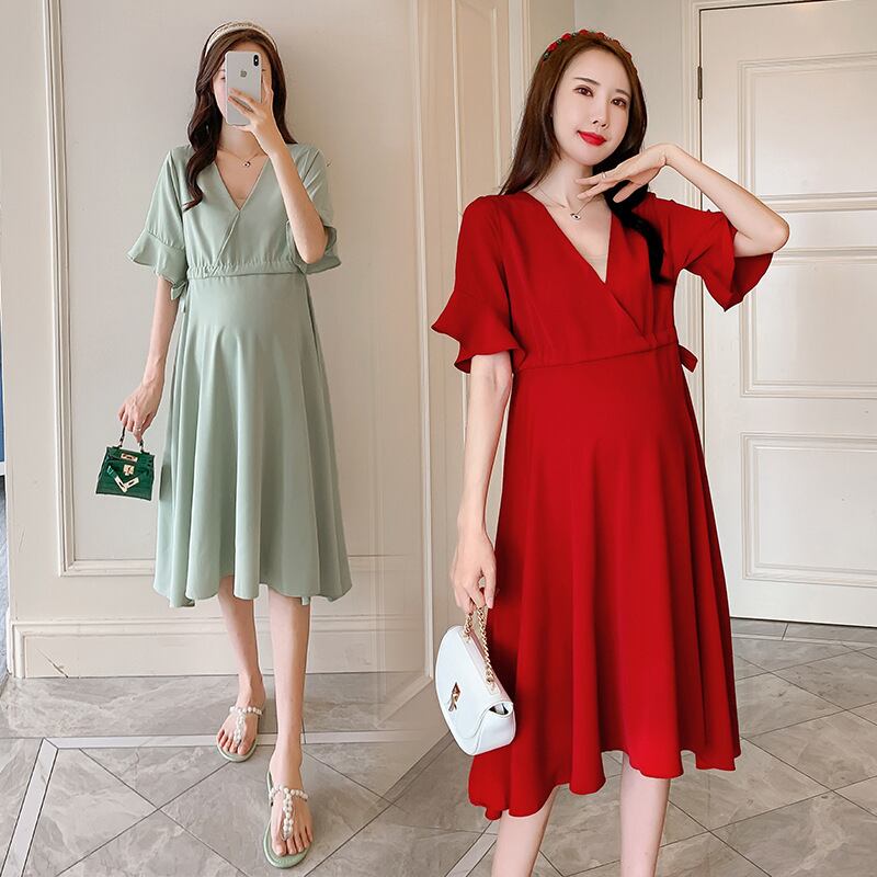 【新作】【送料無料】 マタニティウェア2020夏の新しいシフォンVネックルーズドレス、トレンディなマザーミドル丈ファッションマタニティドレス-アリババ サマー 夏物 expec294067340506