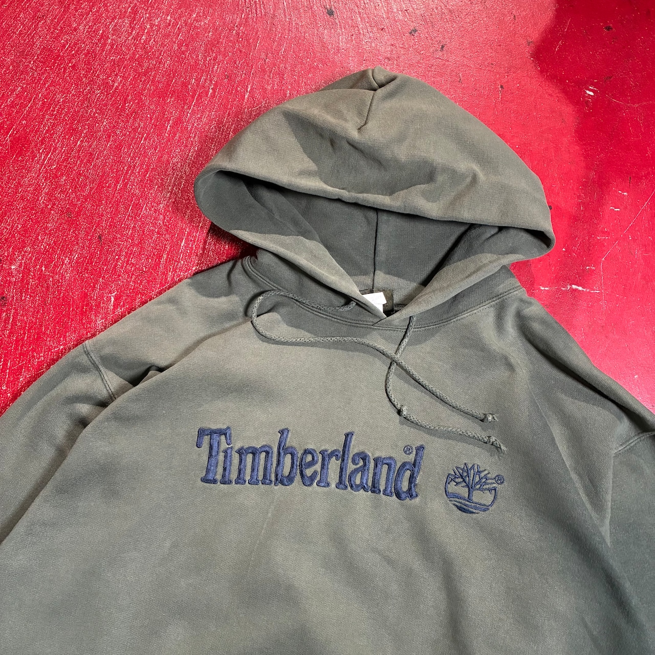 90s Timberland プルオーバーフーディー カーキ 刺繍ロゴ オールドティンバー