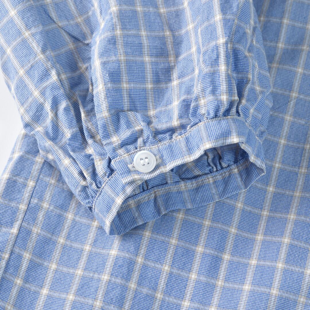 Sarahwear サラウエア 「Marin」パターンポプリン・ボウタイブラウス C52911・ブルーチェック 可愛過ぎないギャザーブラウスです。