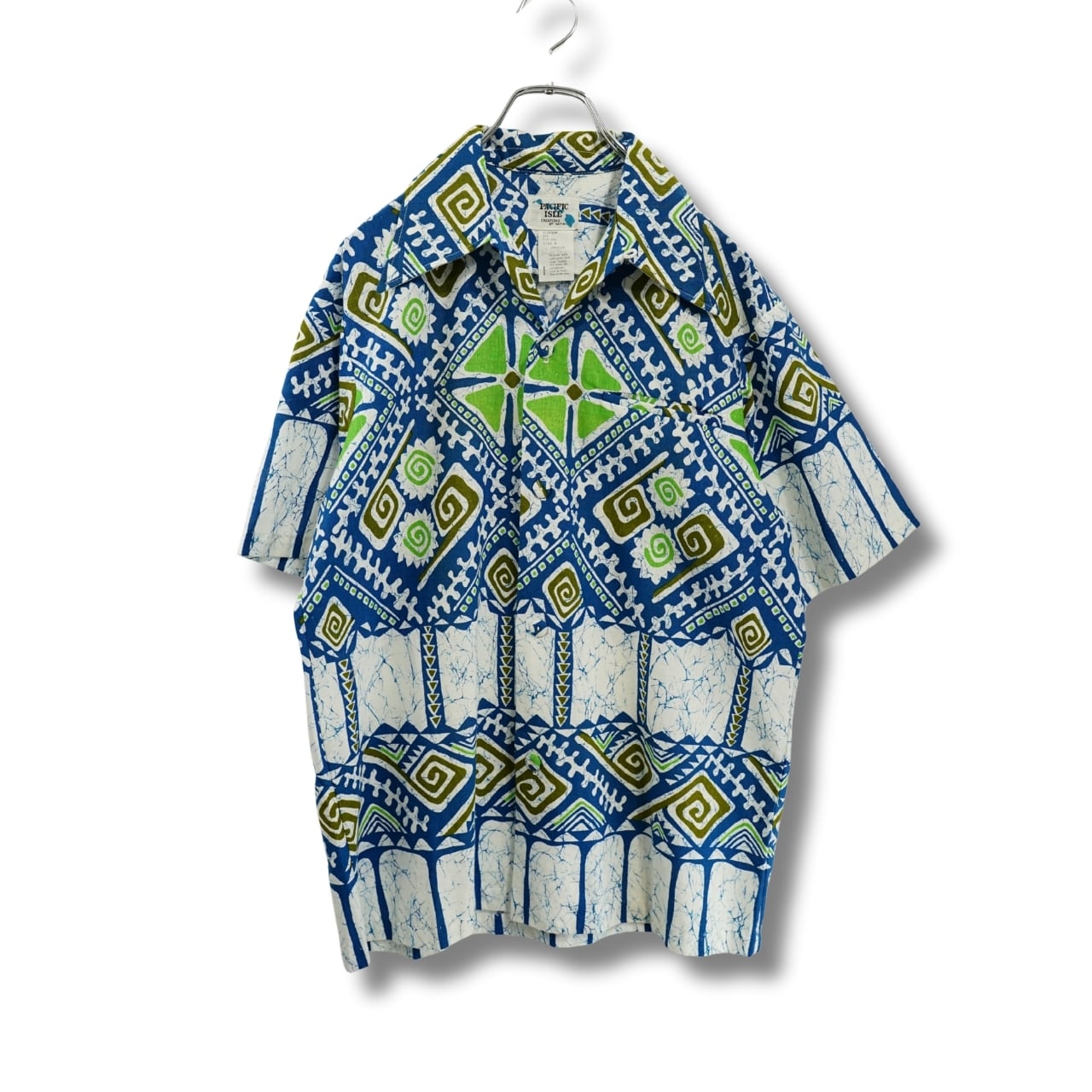 PACIFIC ISLE 90s 総柄コットンアロハシャツ 青×緑 M相当|NA353