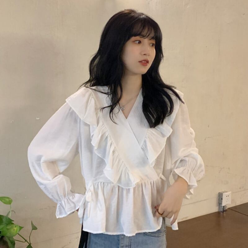 シャツ スプリングオータムスタンダードVネックスタイルブラウス レトロ 春物 秋物 YY-ファッション29790428876