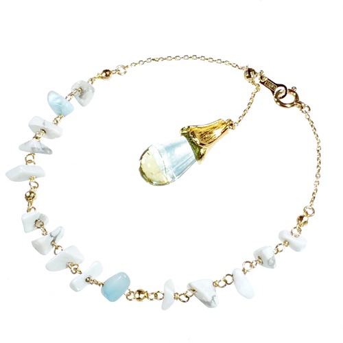 K10 ゴールドブレスレット 天然石ハウライト ガラスジュエリー (ベビーブルー&イエロー) / Maho de Maho