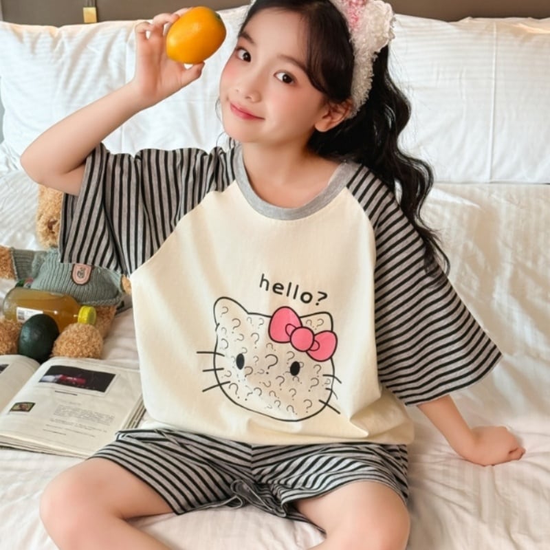 綿100% キャラクターストライプ ホームウェア/パジャマセット 2025年夏 新作 女児用パジャマ