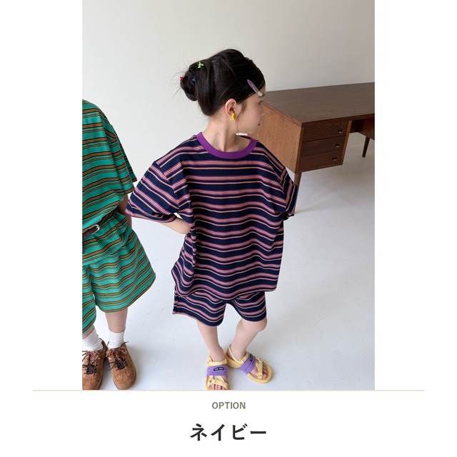 【セット】ストライプ半袖Tシャツハーフパンツセットアップ - 3
