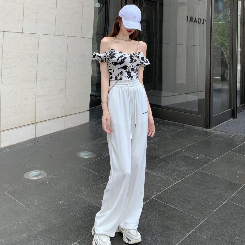 ドレープワイドレッグカジュアルパンツ夏ハイウエストルーズパンツ2020新しいアイスシルクシンストレートレッグパンツレディース ブラックストロベリース91807275389