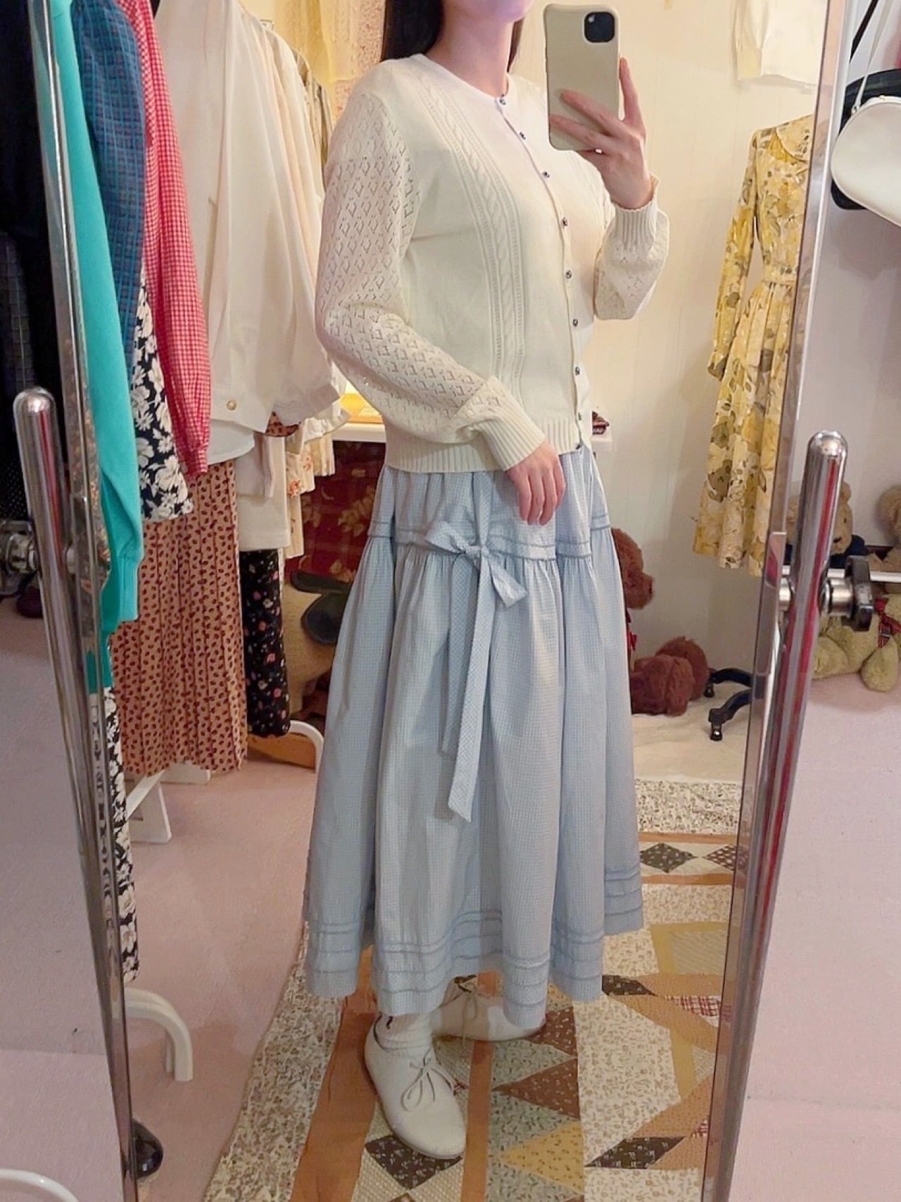 blue gingham check button cardigan