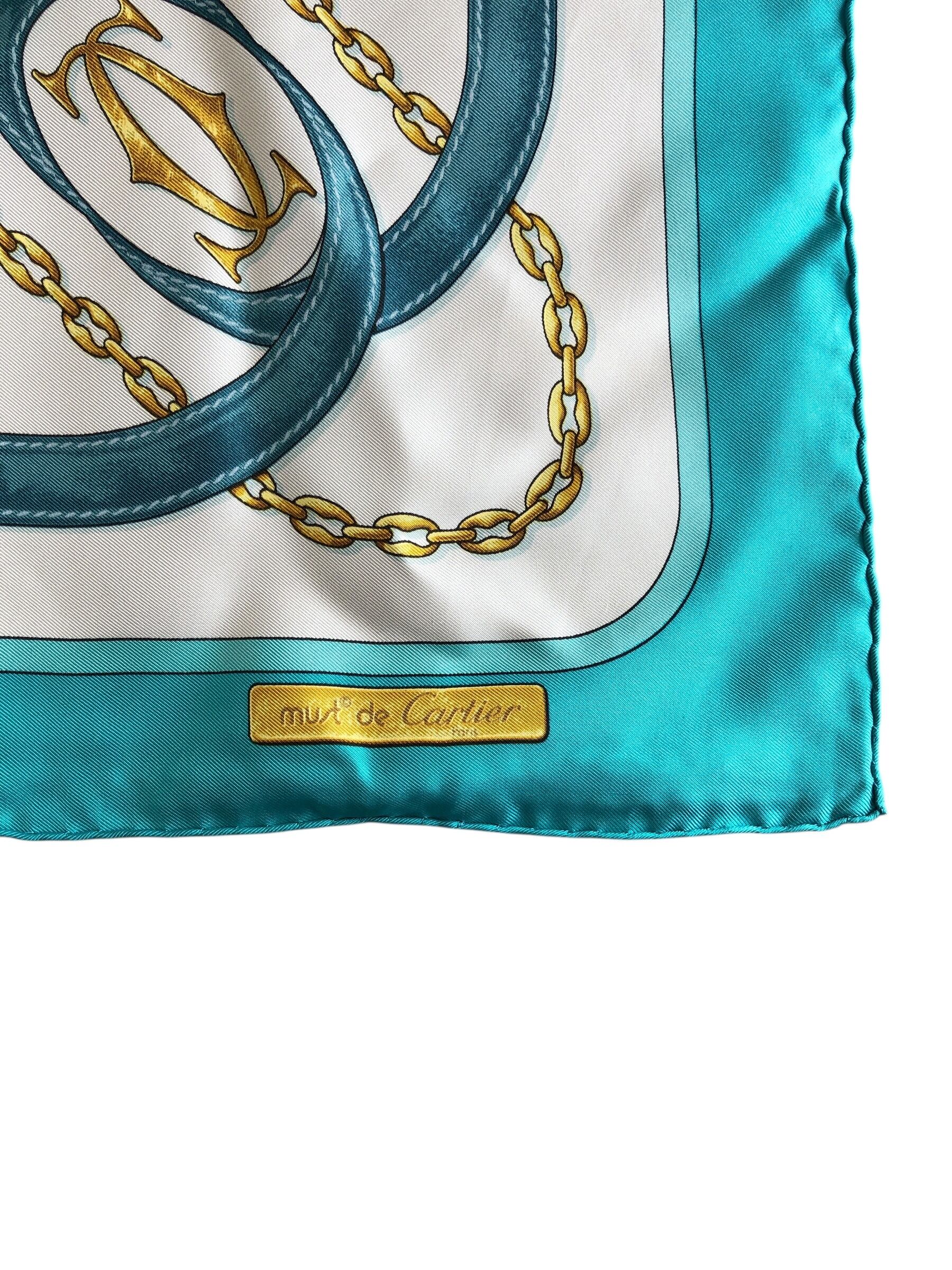 Cartier カルティエ スカーフ ホワイト ブルー ロゴ シルク vintage