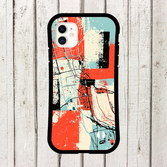受注生産 iPhoneケース 赤と水色のグランジ地図コラージュ｜マップアート UMAP014D