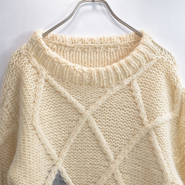 Used ダイヤパターン デザイン ミドルゲージ プルオーバーニット セーター アーガイルチェック風 ヴィンテージ アイボリー ビンテージ USA アメリカ古着 レディースXL相当