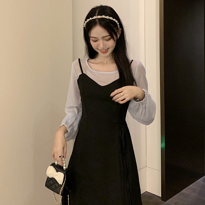 【新作】【送料無料】 秋の新フレンチレトロ痩身ウエストフェイクツーピースドレス太mm外国風腹カバーコントラストカラーミドル丈スカート 0283430995426