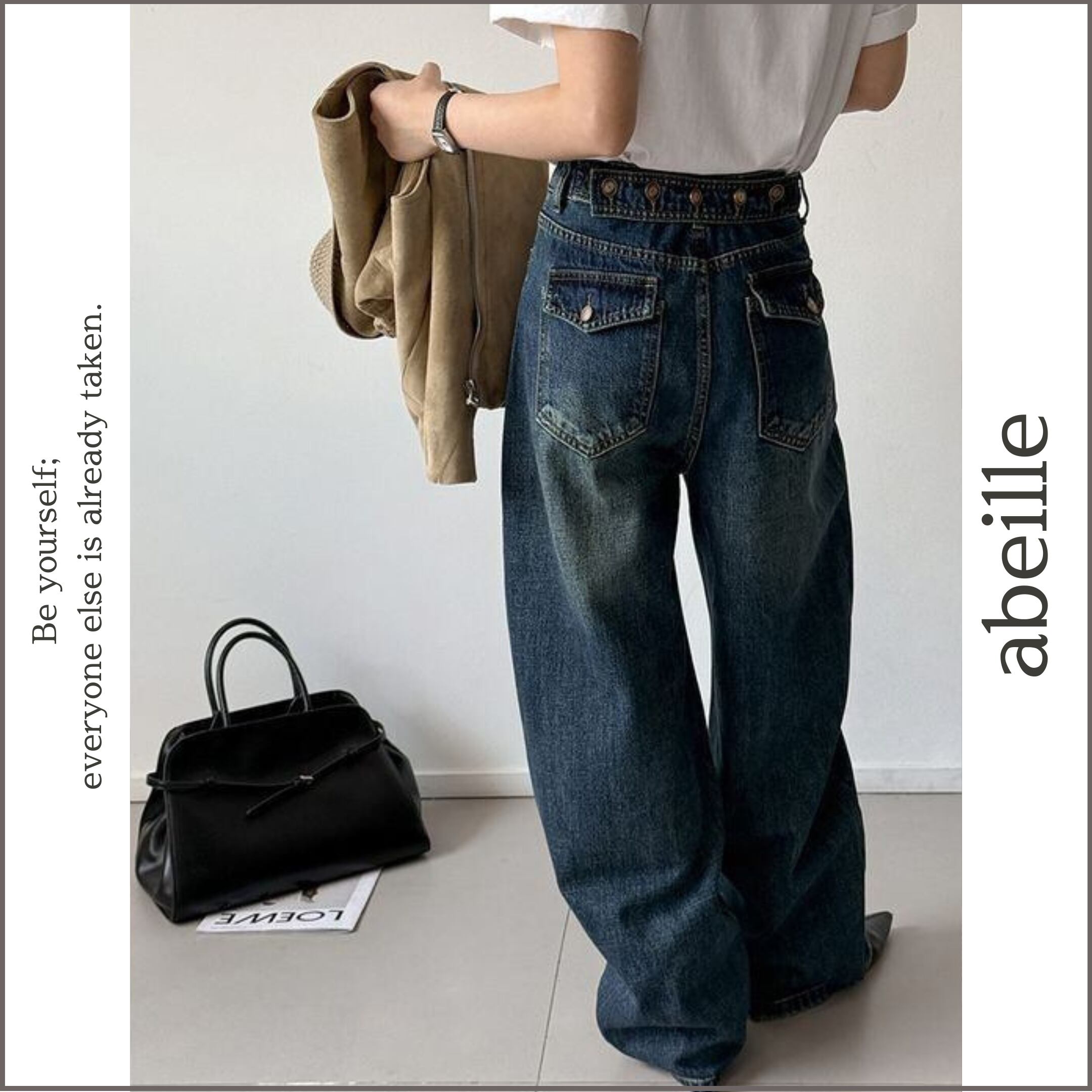 back belted design wide jeans 14725