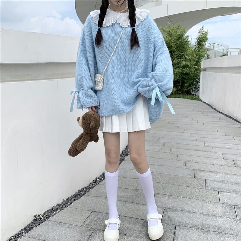 ニット セーターラウンドネック長袖 長そでスリーブ 袖ブルー 青ニット