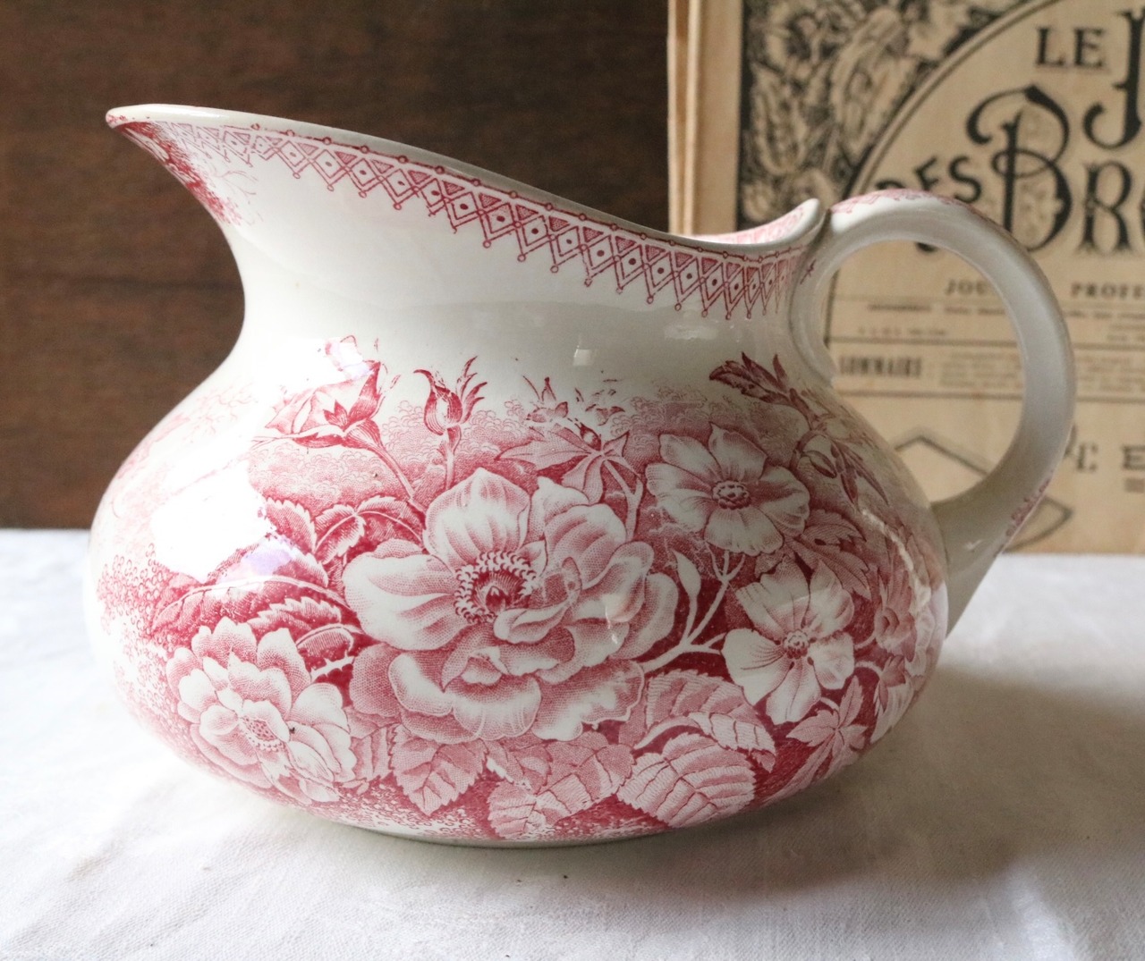 sarreguemines jardinière 水差し 赤 ピンク フランス アンティーク 