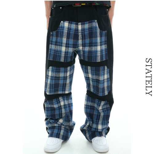 Plaid Block ワイドデニムパンツ_B214 画像