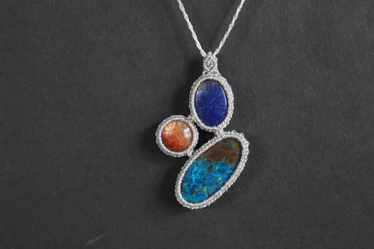Chrysocolla malachite & Sunstone & Lapis lazuli micro macrame pendant