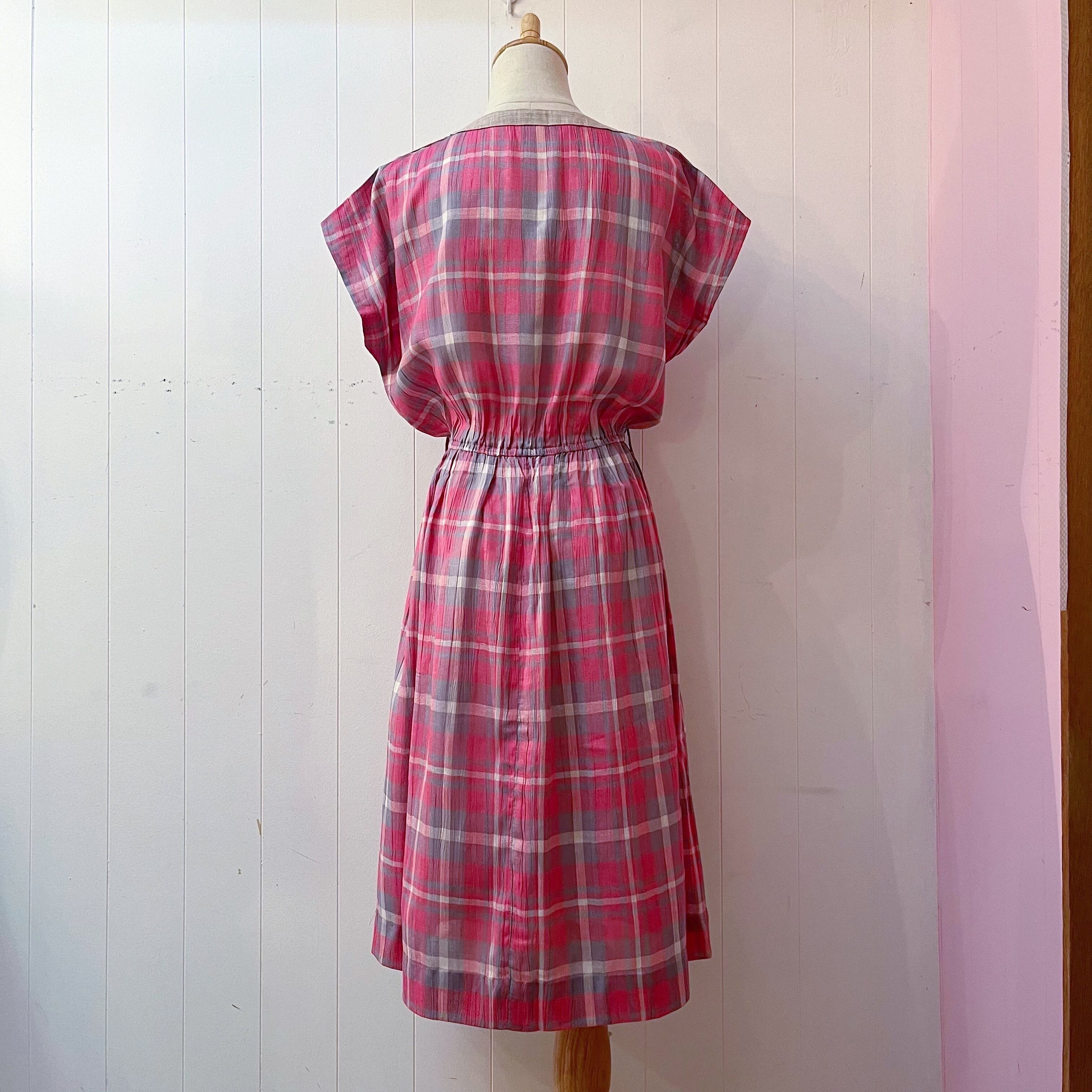 pink gray check button one-piece