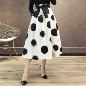【送料無料】ロングスカート ドット柄　体型カバー カジュアル系 リボン バイカラー きれいめ 大人可愛い プチプライス 夏 レディースファッション 可愛い お出かけ 女子会 デイリーユース お茶会 お呼ばれ 授業参観 ママ服 Aライン フレア