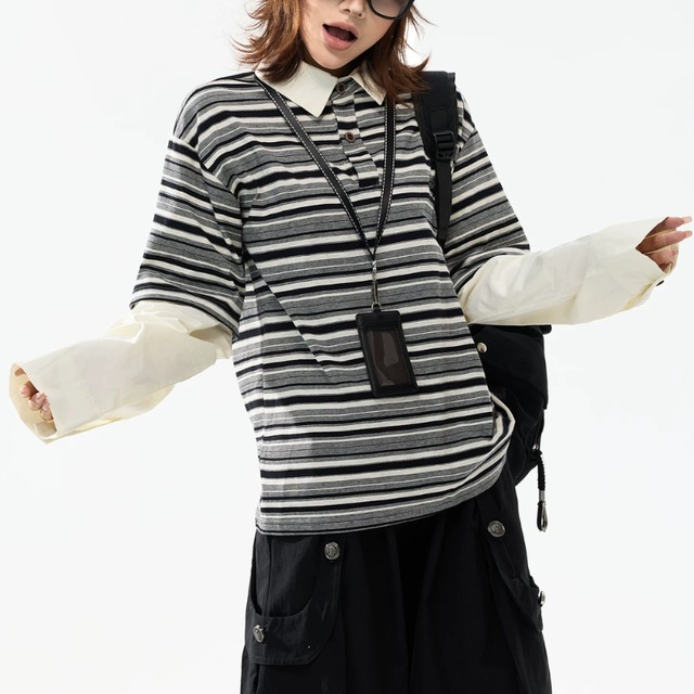 border layered-look long polo tee　ボーダーレイヤードポロロングティー　J2107