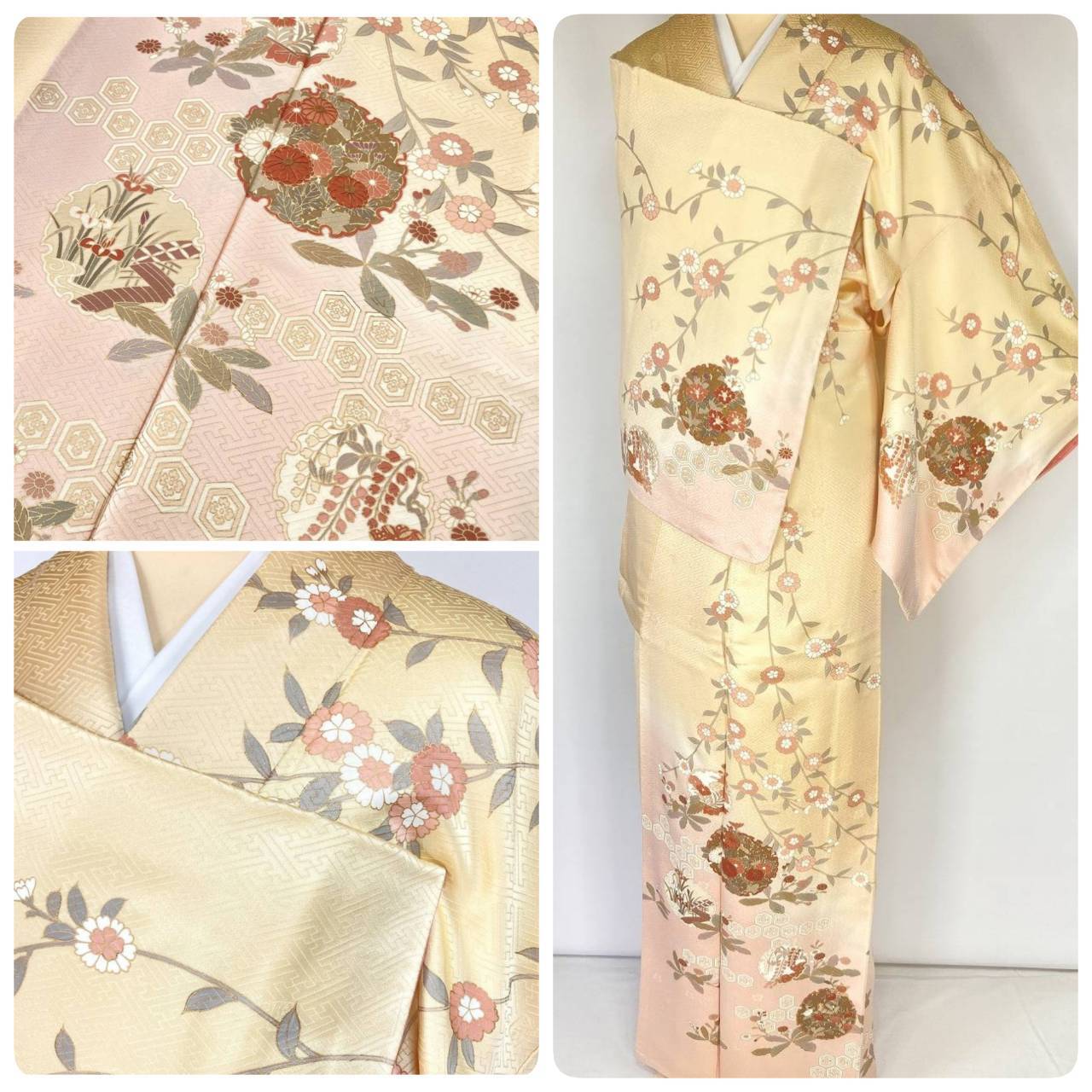 桂由美 唐織 華紋 熨斗 袋帯 正絹 金糸 黄緑 白 紫 ピンク ゴールド