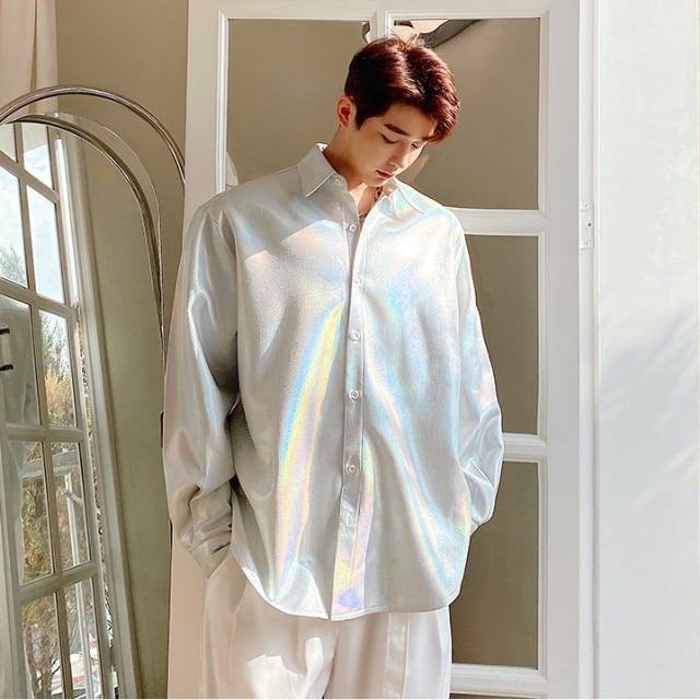 予約販売】シャツ 長袖 シンプル 無地 メンズ ブルー ホワイト 光沢