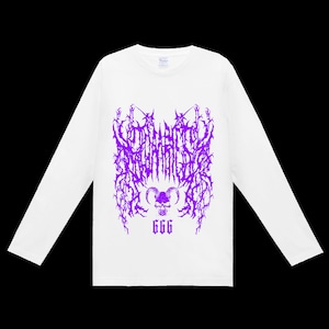 ★【lunalyオリジナル】666GOATSKULL DEATHMETALロゴテイストホワイトパープルTシャツ（ori_0083）