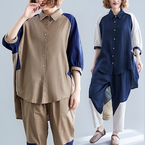 CONTRAST DESIGN 3/4 SLEEVES TUNIC SHIRT & PANTS SET 2pieces 2colors M-6872