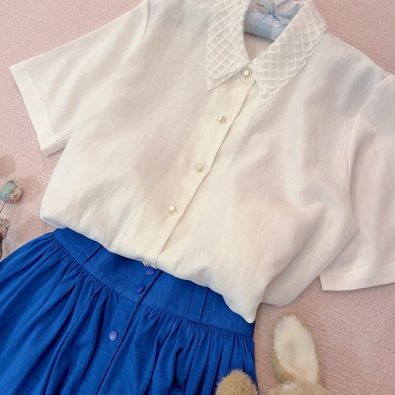 sheer plaid collar white blouse