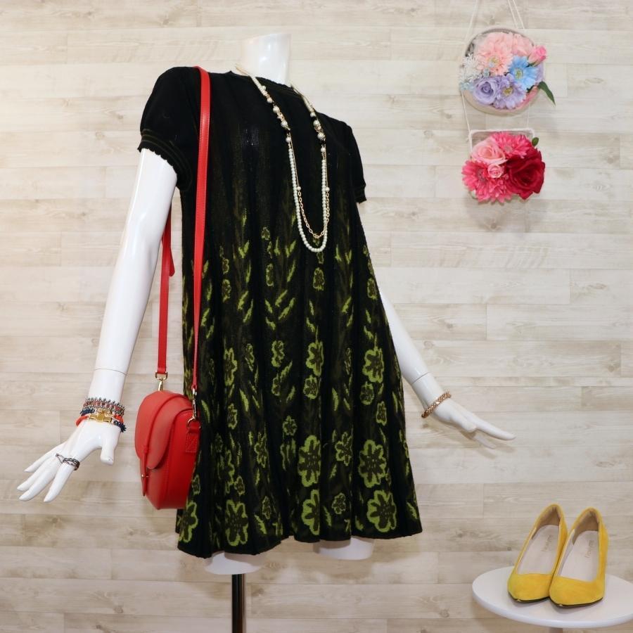 トクコプルミエヴォル 花柄ニット刺繍ワンピース M 黒×緑 A トクコプルミエヴォル 花柄ニット刺繍ワンピース M 黒×緑 A