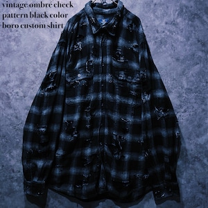 【doppio】vintage ombré check pattern black color boro custom shirt