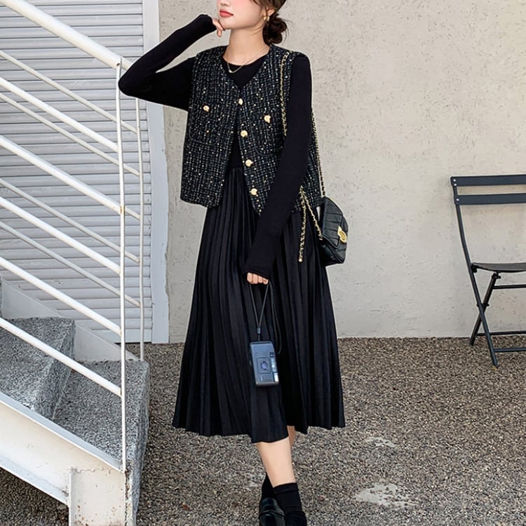 Ribbon collar pleated dress and tweed vest【2set】00054