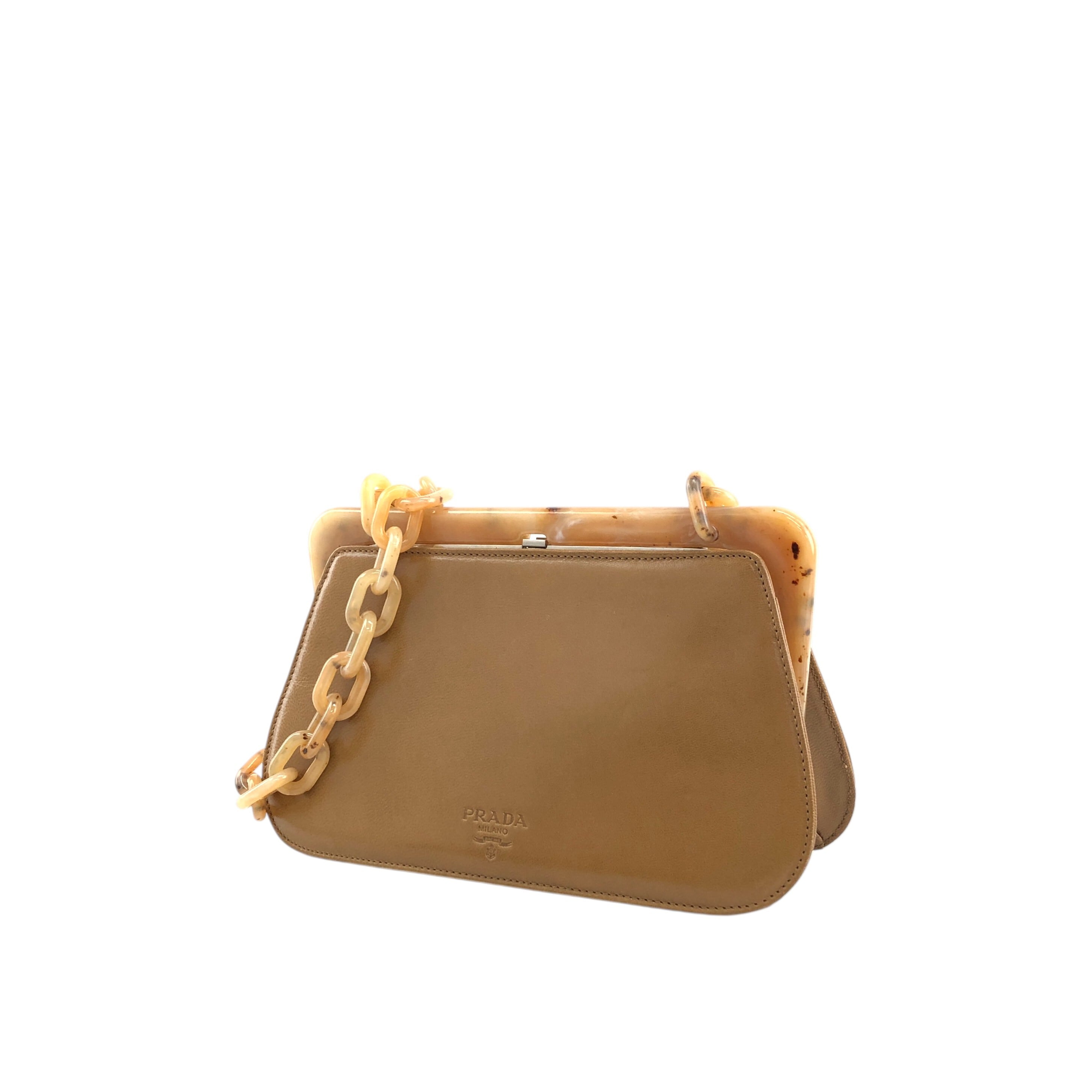 PRADA プラダ ショルダーバッグ ブラウン ロゴ レザー がま口 PRADA プラダ ショルダーバッグ ブラウン ロゴ レザー がま口