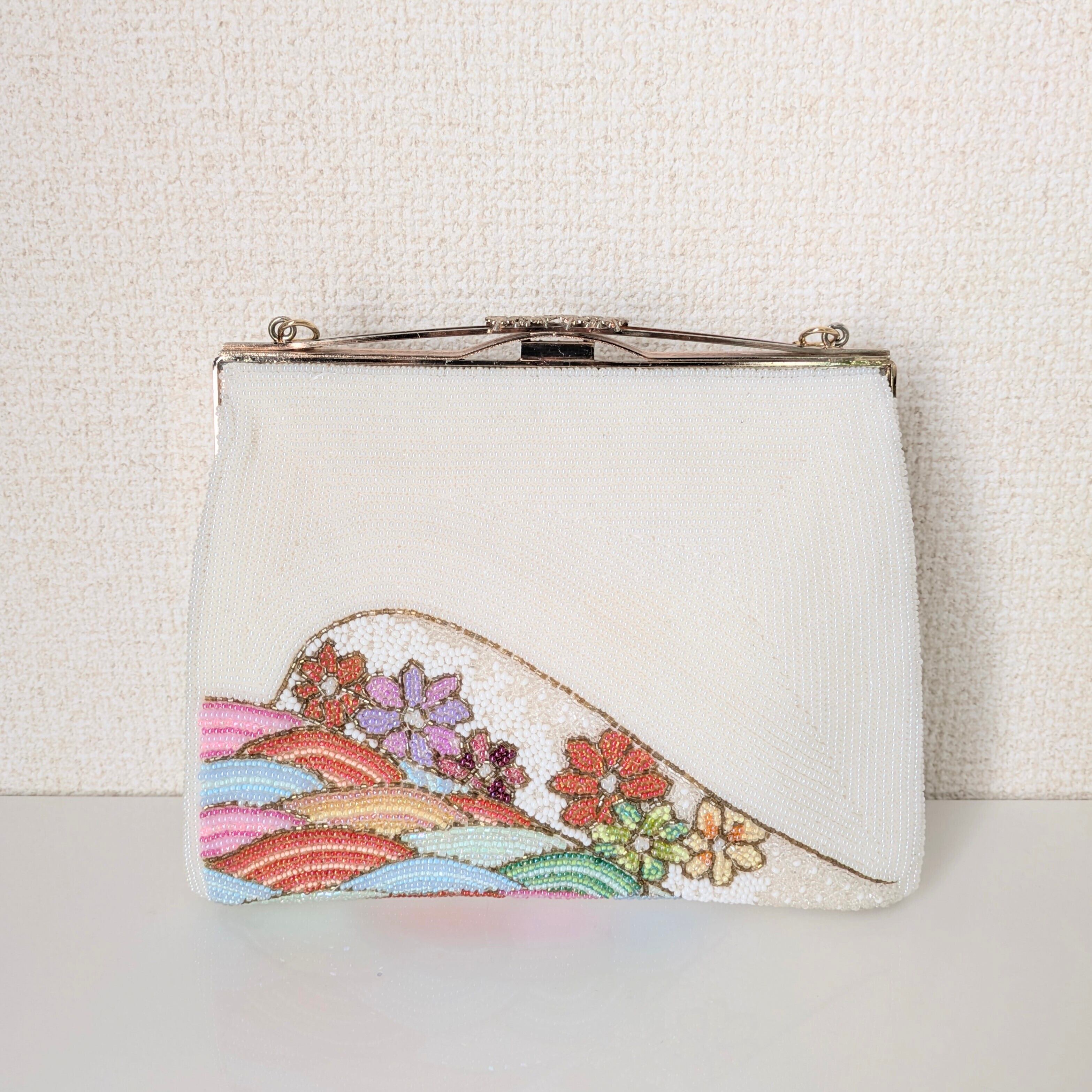 Vintage】ビーズ刺繍バッグ 白 吉祥風景柄 和柄 パーティーバッグ