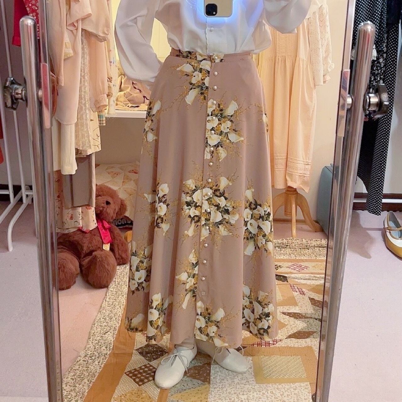 INGEBORG / flower pearl button flare skirt